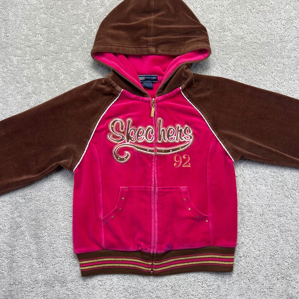 Y2k Skechers Hoodie Girls M Brown Pink Velour McBling Rhinestone Embroidered - Picture 2 of 15